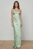 Vestido largo floral con estampado verde salvia y encaje hacia arriba