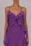 Vestido largo de ciruela de gasa con volantes y funda