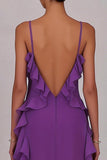 Vestido largo de ciruela de gasa con volantes y funda