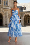 Vestido Midi sin tirantes de flor blanca azul A-Line con volantes