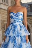 Vestido Midi sin tirantes de flor blanca azul A-Line con volantes