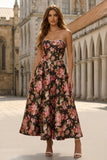 Vestido midi negro rosa con tirantes y perlas con estampado en línea A