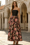 Vestido largo largo sin tirantes y floral negro estampado en línea A