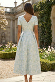 Vestido Midi de manga corta estampado en forma de flor blanca azul