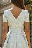 Vestido Midi de manga corta estampado en forma de flor blanca azul