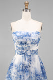 Vestido Midi fruncido sin tirantes de flor blanca azul