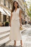 Vestido de trabajo Midi de 2 piezas marfil de marfil A Line Single-Breasted