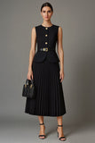 Vestido de trabajo midi negro plisado de dos piezas, cuello redondo y pliegues A