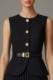 Vestido de trabajo midi negro plisado de dos piezas, cuello redondo y pliegues A