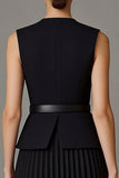 Vestido de trabajo midi negro plisado de dos piezas, cuello redondo y pliegues A