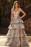 Vestido de graduación azul polvoriento Jacquard Pearl Strapless A Line Long Layered con abertura