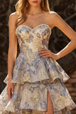 Vestido de graduación azul polvoriento Jacquard Pearl Strapless A Line Long Layered con abertura