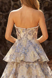 Vestido de graduación azul polvoriento Jacquard Pearl Strapless A Line Long Layered con abertura