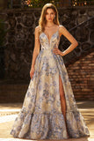Jacquard azul polvoriento con tirantes finos Un vestido largo de graduación con corte de fin.