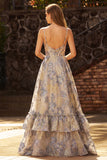 Jacquard azul polvoriento con tirantes finos Un vestido largo de graduación con corte de fin.
