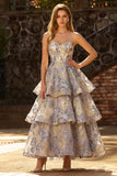 Vestido de graduación de graduación de finos de finos de tirantes azul polvoriento Jacquard Sin tirantes