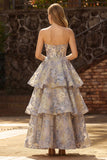 Vestido de graduación de graduación de finos de finos de tirantes azul polvoriento Jacquard Sin tirantes