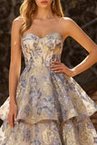 Vestido de graduación de graduación de finos de finos de tirantes azul polvoriento Jacquard Sin tirantes