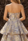 Vestido de graduación de graduación de finos de finos de tirantes azul polvoriento Jacquard Sin tirantes