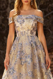 Vestido de fin de curso azul polvoriento Jacquard A Line Corsé