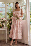 Blush Jacquard Vestido Midi de cuello cuadrado con encaje en la espalda