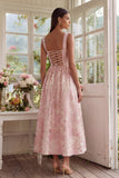 Blush Jacquard Vestido Midi de cuello cuadrado con encaje en la espalda