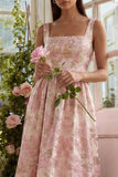 Blush Jacquard Vestido Midi de cuello cuadrado con encaje en la espalda