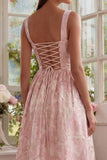 Blush Jacquard Vestido Midi de cuello cuadrado con encaje en la espalda