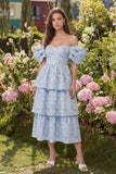 Vestido midi azul Jacquard A-Line de hombros descubiertos