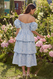 Vestido midi azul Jacquard A-Line de hombros descubiertos