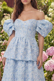 Vestido midi azul Jacquard A-Line de hombros descubiertos