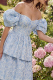 Vestido midi azul Jacquard A-Line de hombros descubiertos