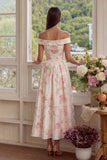 Vestido midi de flores blancas rosas, línea en forma de A y hombros descubiertos