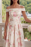 Vestido midi de flores blancas rosas, línea en forma de A y hombros descubiertos