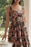 Vestido midi de cuello cuadrado de cuello cuadrado en forma de A con flor rosa negra