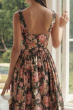 Vestido midi de cuello cuadrado de cuello cuadrado en forma de A con flor rosa negra