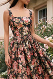 Vestido midi de cuello cuadrado de cuello cuadrado en forma de A con flor rosa negra
