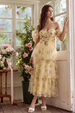 Vestido midi de tul de flor amarilla con fila de hombros caídos