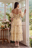 Vestido midi de tul de flor amarilla con fila de hombros caídos