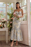 Vestido Midi de Sirena Azul Polvoriento Jacquard