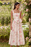 Vestido Midi de cuello cuadrado con cuello cuadrado de flor blanca rosa y muño
