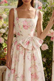 Vestido Midi de cuello cuadrado con cuello cuadrado de flor blanca rosa y muño