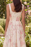 Vestido Midi de cuello cuadrado con cuello cuadrado de flor blanca rosa y muño