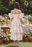 Vestido midi de flores blancas rosas, línea en A con hombro fuera del hombro