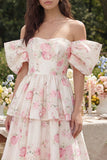 Vestido midi de flores blancas rosas, línea en A con hombro fuera del hombro