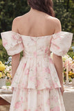 Vestido midi de flores blancas rosas, línea en A con hombro fuera del hombro