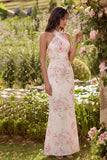 Vestido Midi de Flores Blancas Rosa Con Enfundación Halter