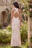 Vestido Midi de Flores Blancas Rosa Con Enfundación Halter