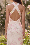 Vestido Midi de Flores Blancas Rosa Con Enfundación Halter