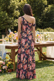 Vestido midi de satén de un hombro con flor rosa negra